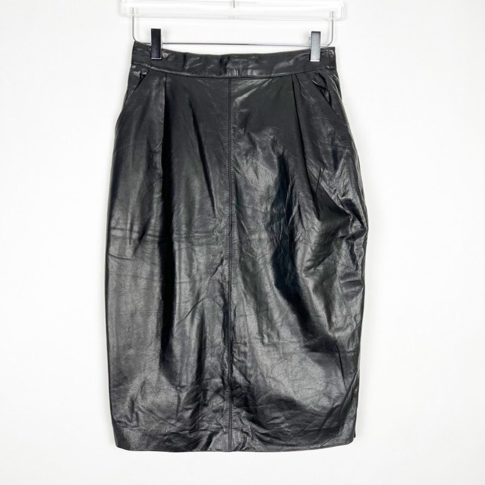NWT Vintage Synergy Leather Pencil Skirt Women's Size 10 Black Pockets Midi